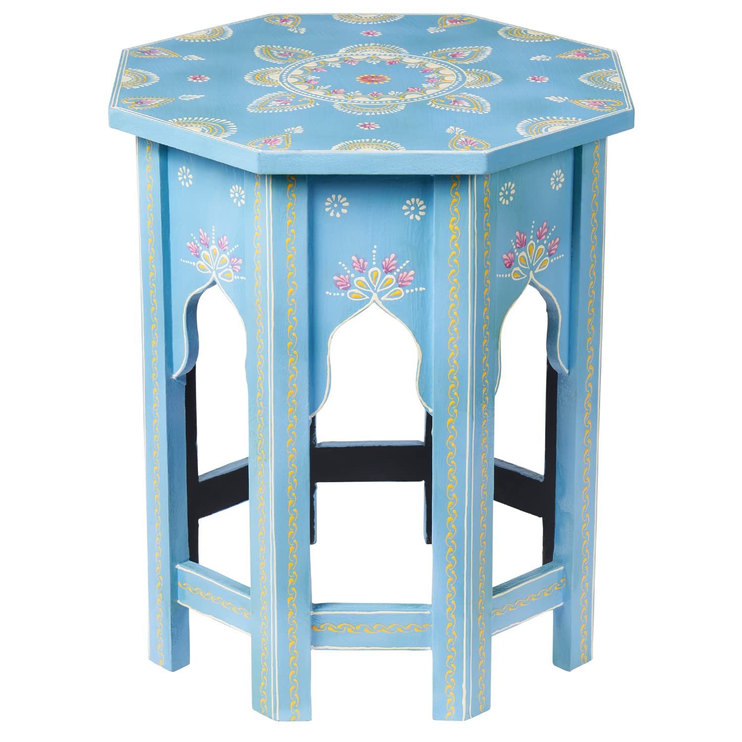 MARRAKESCH Beistelltisch Nachttisch aus Holz 47cm groß Tisch Hocker Boufa blau als Orientalische Dekoration