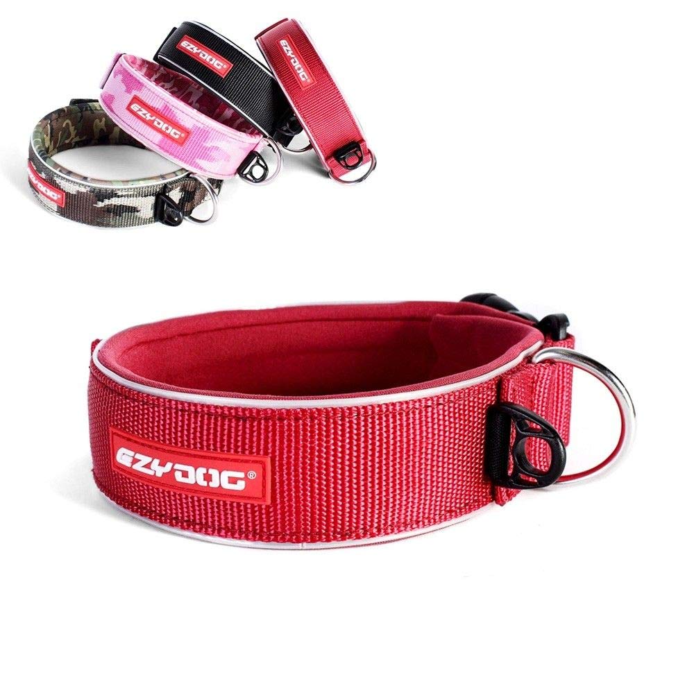 EzyDog Halsband Hund Breit, Breites Hundehalsband für Große Hunde - Neo Wide - Neopren Gepolstert, Reflektierend, Wasserfest (XL, Rot)
