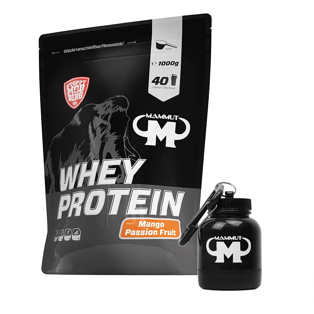 1kg Mammut Whey Protein Eiweißshake - Set inkl. Protein Shaker, Riegel, Powderbank oder Tasse (Mango Passion Fruit, Gratis Mammut Powderbank)