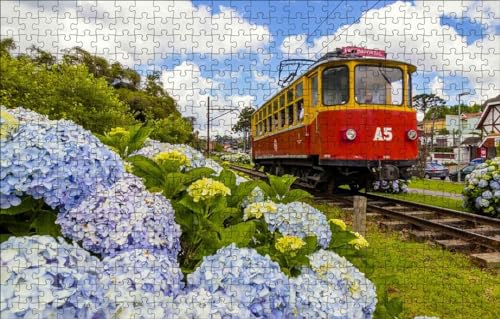 GUOHLOZ Puzzle 1000 Teile Puzzle für Erwachsene und Kinder ab 6 Jahren Puzzle für Wohnkultur, Straßenbahn, Brasilien, Hortensie, 75x50cm