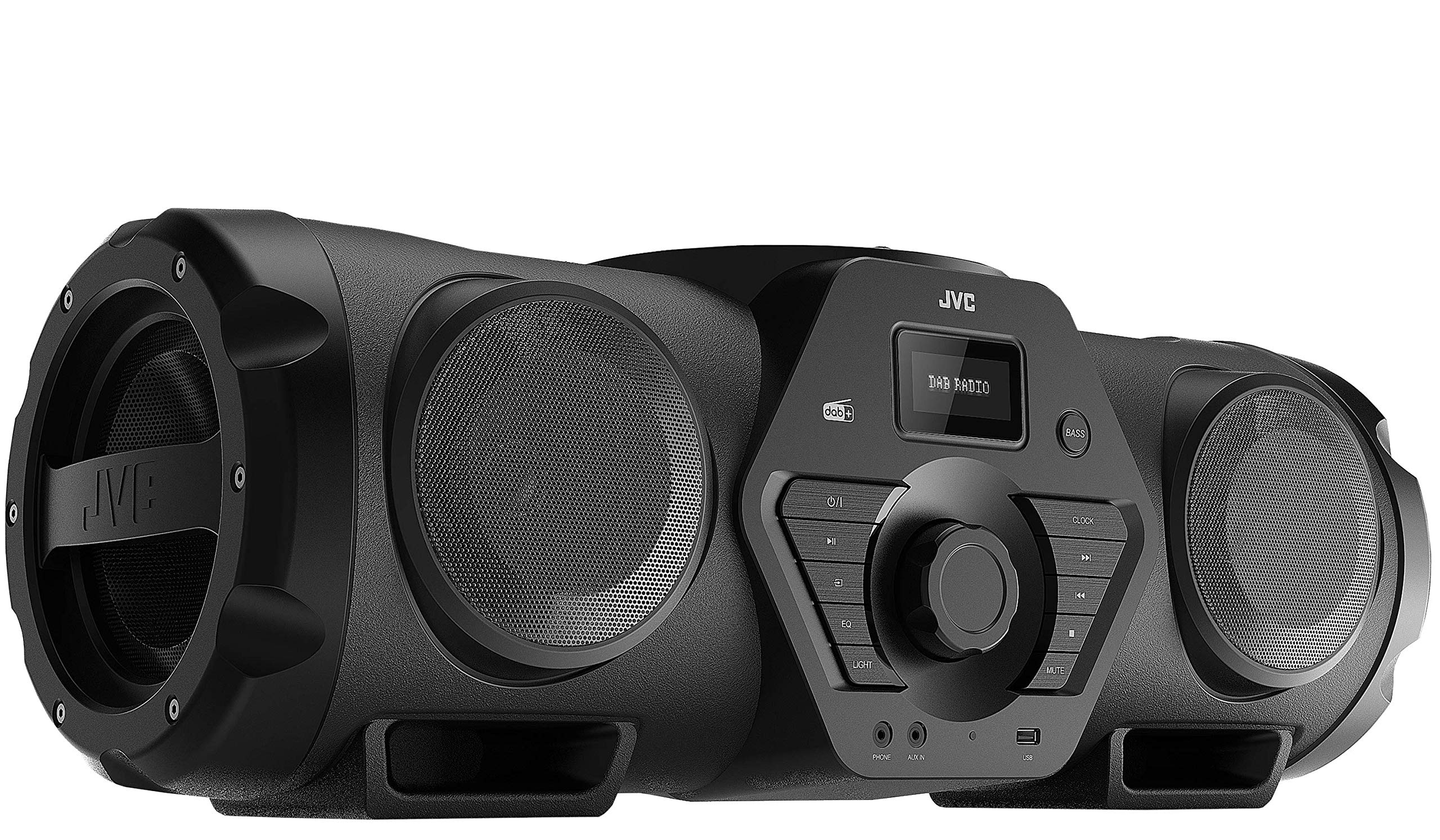 JVC Boomblaster RV-NB300DABBP, 2 x 30 Watt, DAB+, UKW, Bluetooth, CD, USB, Line-In, Gitarren- & Mikrofoneingang, Fernbedienung, inkl. Akku, Schwarz