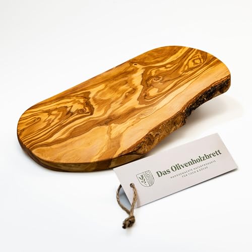 das Olivenholzbrett, Schneidebrett Olivenholz, Brotzeitbrett aus Holz mit naturbelassenem Rand, 35 cm