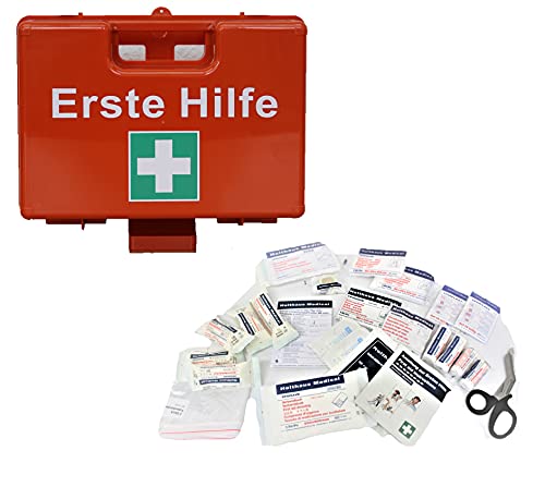 Brandengel Erste-Hilfe-Koffer Füllung DIN 13157 + Kühlpad für Betriebe, öffentliche Einrichtungen & Zuhause Kasten Set Mobiler und stationärer Orange Gr.27x19x11,5cm leer geliefert inkl. Wandhalterung