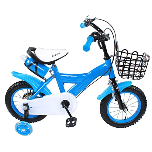 WOLEGM 12 Zoll Fahrrad, Kinderfahrrad mit Handbremse, Stützräder und Frontkorb, für Kinder ab 3 Jahre, Blau