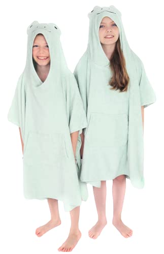 DreamBuy Kapuzen-Poncho-Handtuch für Kinder/Kinder-Strandtuch/Kinder-Bademantel/Badetücher für Jungen und Mädchen/Baumwoll-Schwimmbad-Ponchos (6-9 Jahre, Frosch)