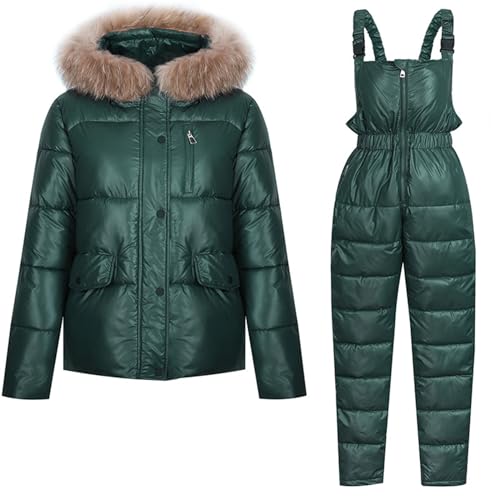 RKaixuni Zweiteilige Outfits Damen Winter Onesie Skianzug Outdoor Ski Overall Kapuze Pelzkragen Schneeanzug Outdoor Sport Mantel, grün, 48