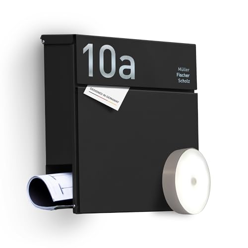 Radius® Designer Briefkasten Edelstahl - Hausnummer & Briefkasten Namensschild personalisiert mit Lasergravur - Postkasten Briefkästen inkl. Montagematerial & LED Lampe aus DE – Letterman 6 schwarz