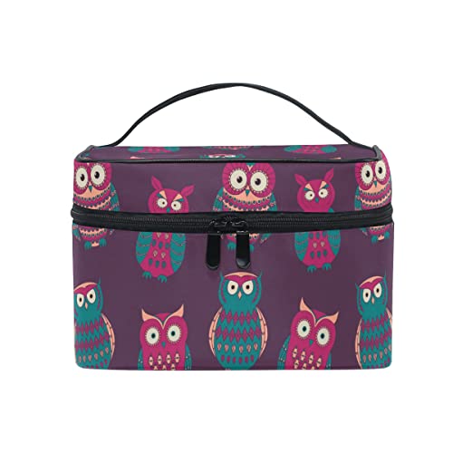 Make-up Tasche, cute Cartoon Eule Print Kosmetik Kulturbeutel Aufbewahrung Organizer Große Reise Griff personalisierbar Tasche mit Fächern für Teenage Mädchen Frauen Lady violett