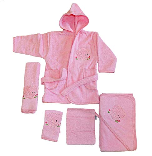 Baby Handtuch Set mit Bademantel Elefanten Motiv in rosa 5-tlg. 100% Baumwolle