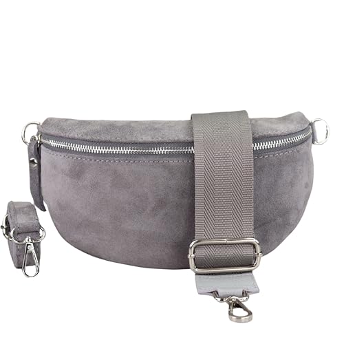 BLADE Bauchtasche Damen, Handgemachte Wildledertasche, Crossbody Bag, Gürteltasche Echtes Leder mit 2 abnehmbaren/verstellbaren breiten Gürteln, Umhängetasche aus Italien, Geschenk für Sie -Grau