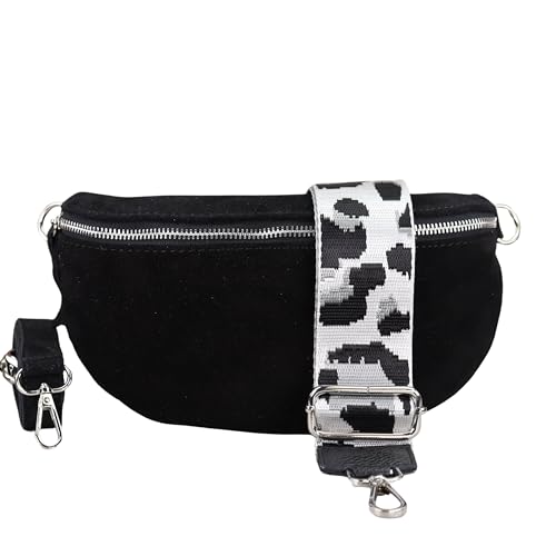 BLADE Bauchtasche Damen, Handgemachte Wildledertasche, Crossbody Bag, Gürteltasche Echtes Leder mit 2 abnehmbaren/verstellbaren breiten Gürteln, Umhängetasche aus Italien, Geschenk für Sie -Schw