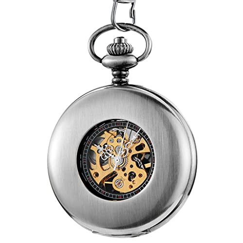 QZH Silberne Taschenuhr, mechanische Uhr mit Handaufzug, glattes Gehäuse, römische Ziffern, Zifferblatt, Retro-Uhr, Kettenanhänger