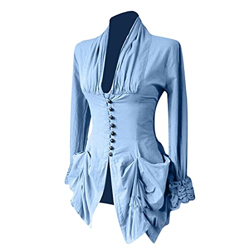 Damen Cosplay Renaissance Viktorianische Bluse Dressy Vintage Mittelalter Piratenhemd Bauernoberteile Halloween Kostüme, blau, Large