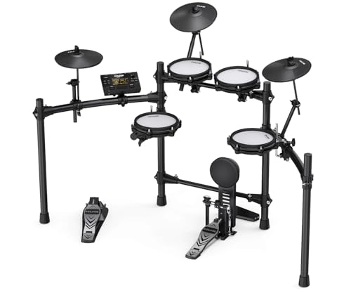 Nux DM-210 Digitales Drumkit, digitales Drumset mit Mesh Heads (Dual-Triggering-Technologie, Aux-In, Bluetooth, Coach-Funktion, USB-Anschluss für MIDI und Sound-Library, Kopfhörerausgang), Schwarz