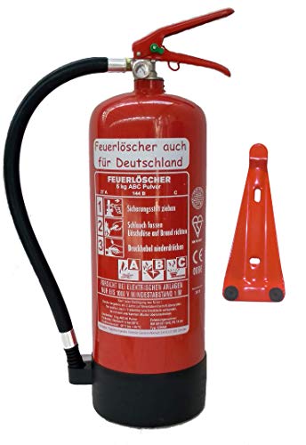 Feuerlöscher 6kg ABC Pulverlöscher mit Manometer EN 3 , Prüfnachweis mit Jahresmarke , Messingarmatur Sicherheitsventil , ( Mit Kunststoffstandfuß mit Wandhalter ohne Prüfnachweis u. Jahresmarke )