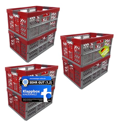 KiNDERWELT 6 x Robuste Profi - Klappbox 45 L bis 50 kg - Faltbox, Kiste, Korb zur Aufbewahrung, Transport - rot/silber