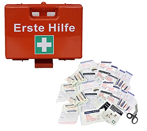 Brandengel Erste-Hilfe-Koffer Kasten Füllung DIN 13169, 126- teilig mit Kühlpad für Betriebe, öffentliche Einrichtungen & Zuhause Set Mobiler und stationärer Orange Gr. 32x22x12,5 cm, Wandhalterung