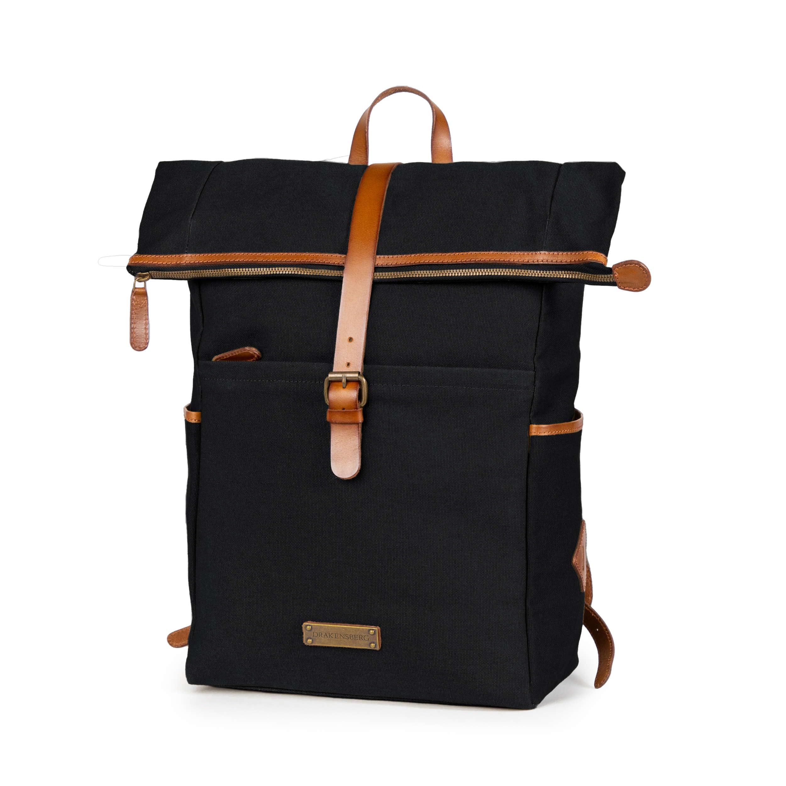 DRAKENSBERG Rolltop Rucksack 'Archie' aus Canvas und Leder mit Laptopfach - im Urban-Design für Arbeit, Schule, 20-30L - Schwarz