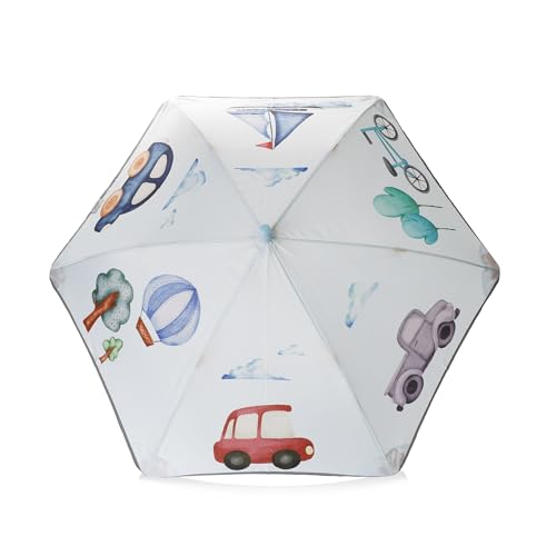 Sonia Originelli Kinder Regenschirm Autos Fahrzeuge mit Klemmschutz Reflektionsstreifen und Namensschild