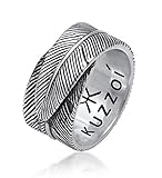 Kuzzoi Massiver Herrenring(14mm) im Feder Design schwarz oxidiert, Bandring für Männer aus 925 Sterling Silber, Ring im Vintage Look, Ringgröße 60, 0609382419_60