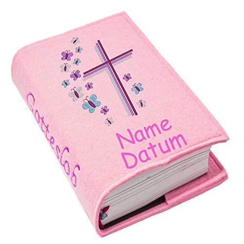 Gotteslob Gotteslobhülle Hülle Kreuz Schmetterlinge lila pink Filz Namen bestickt Einband Umschlag personalisierte Gesangbuchhülle, Farbe:rosa