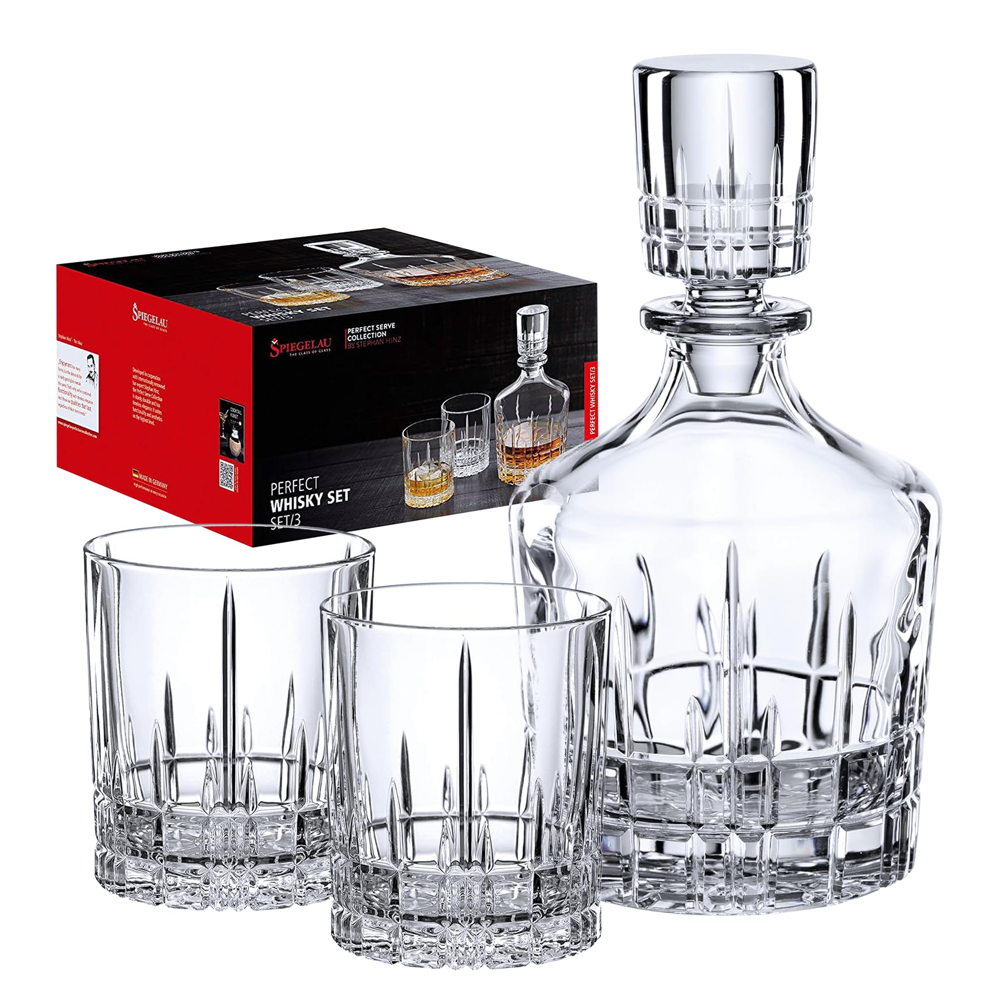 Spiegelau Whisky Set 3-teilig, Karaffe 750 ml mit 2 Whiskygläsern 368 ml, Perfect Serve, 4500198, Whisky Geschenkset aus Kristallglas, spülmaschinenfest