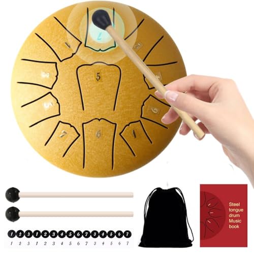 AZURAOKEY Steel Tongue Drum, Zungentrommel aus Stahl 11 Noten 6 Zoll Scheibentrommel Stahl Zunge mit Zubehörbox,Tasche,Musikbuch und Schlägel für Meditation Yoga Klangheilung