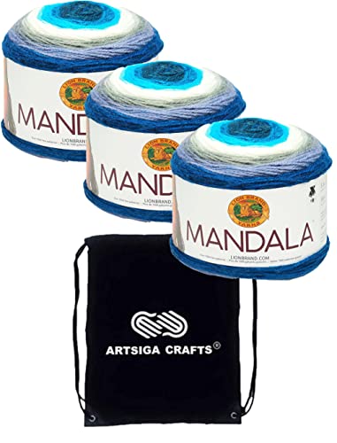 Lion Brand Strickgarn, Mandala, 3-Skein Factory Pack (gleiche Farbe), Bundle mit 1 Artsiga Crafts Project Bag 3-Pack 525-223-Meerjungfrau