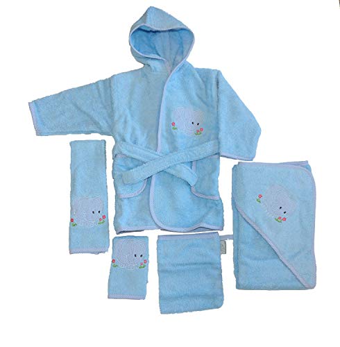 Baby Handtuch Set mit Bademantel Elefanten Motiv blau 5-tlg. 100% Baumwolle