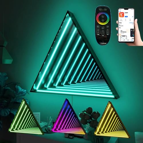 Qiang 3D-Farbwechsel-Tunnellicht,2-in-1-Spiegel-Tunnellicht,Ferngesteuerter LED-Infinity-Wandspiegelrahmen mit Mehrfarbigem Wechsellicht,für Wohnzimmer,Partybar zu Hause,Triangle-50cm