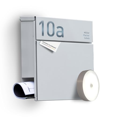 Radius® Designer Briefkasten Edelstahl - Hausnummer & Briefkasten Namensschild personalisiert mit Lasergravur - Postkasten Briefkästen inkl. Montagematerial & LED Lampe aus DE – Letterman 6 Weiss