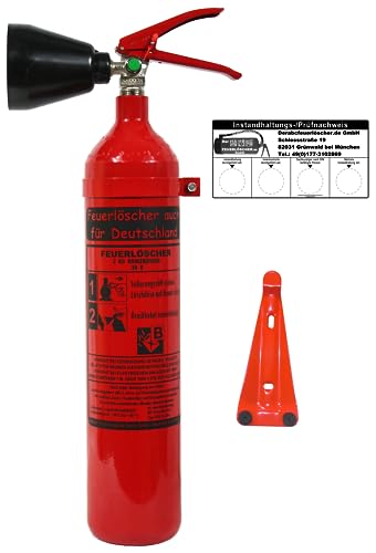 Brandengel® 2 kg CO2 Kohlendioxid Feuerlöscher DIN EN 3 GS, (Mit Prüfnachweis u. Jahresmarke) + Wandhalterung Messingarmatur Sicherheitsventil Kohlensäure Löscher für EDV Küche Haushalt Gastro Hotel