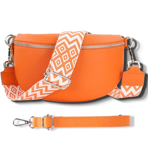 Blade Bauchtasche Damen Echtleder, stylische Gürteltasche Damen mit 2 gemusterten und Leder abnehmbaren & verstellbaren Breiten Gürteln, Crossbody Bag Damen, Hochwertige Tasche für Frauen-ORANGE