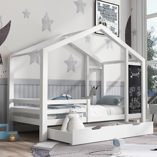 Qiang Kinderbett 90x200 mit Rausfallschutz und Rolllattenrost - Hausbett 90x200 Dachgestell für Jungen & Mädchen - Kinder Haus Bett Einzelbett für Kinderzimmer - Bett in Weiß