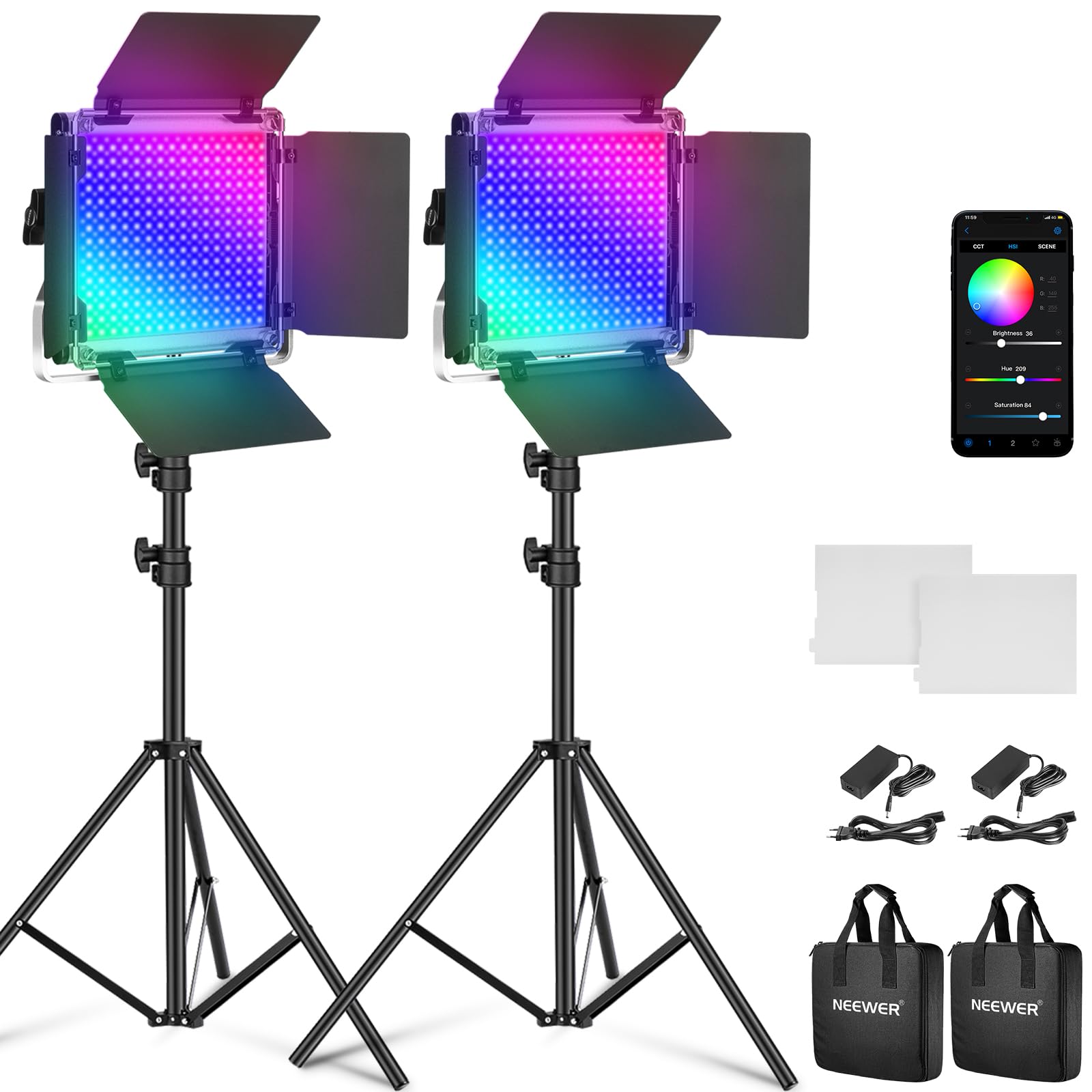 NEEWER 2 x 660 PRO RGB LED Videoleuchte Panel mit Stativ Ständer Set App Steuerung 360° Vollfarbe Videolicht 50W Dimmbar 3200~5600K CRI97+ Studio Dauerlicht Gaming/Streaming/Zoom/YTB/Webex/Fotografie