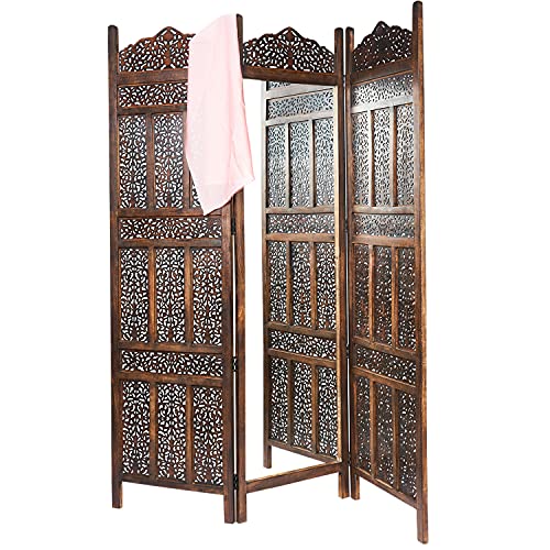 Orientalischer Paravent Raumteiler Holz Spiegel Elroi 150 x 180cm hoch Braun | Indischer Trennwand als Raumtrenner oder Dekoration im Zimmer oder Sichtschutz im Garten, Terrasse oder Balkon