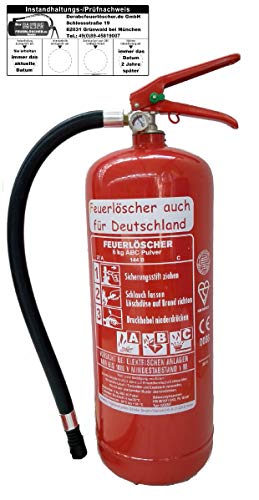 Feuerlöscher 6kg ABC Pulverlöscher mit Manometer EN 3 , Prüfnachweis mit Jahresmarke , Messingarmatur Sicherheitsventil , ( Ohne Kunststoffstandfuß Ohne Wandhalter mit Prüfnachweis U. Jahresmarke )