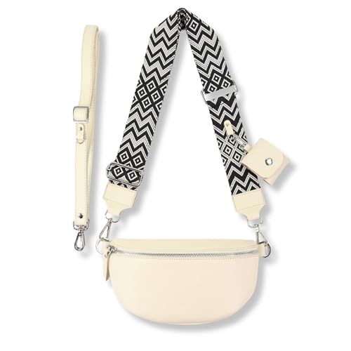 Blade Bauchtasche Damen Echtleder, stylisch Umhängetasche Damen, Crossbody Bag Damen mit 2 abnehmbaren verstellbaren Schultergurten und mit ETUI für Airpods1/2-Creme (Groß/Opt-3)