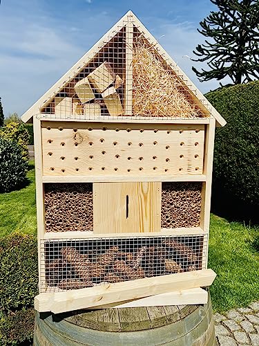DARLUX Holz Insektenhotel XL mit Standfuß 97 cm Wildbienen-Nisthilfe Insektenhaus Naturbelassen