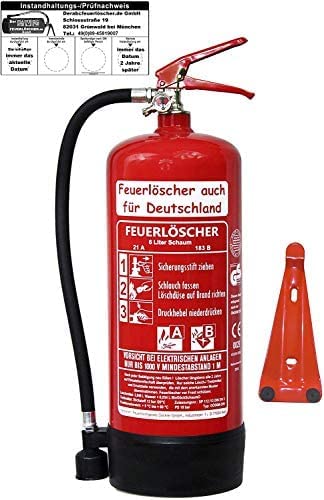 6 L Schaum Feuerlöscher Brandklasse AB DIN EN 3 + GS, Prüfnachweis mit Jahresmarke, Manometer, Wandhalter, Messingarmatur Sicherheitsventil, Standfuß, Schaumlöscher (Mit Prüfnachweis und Jahresmarke)