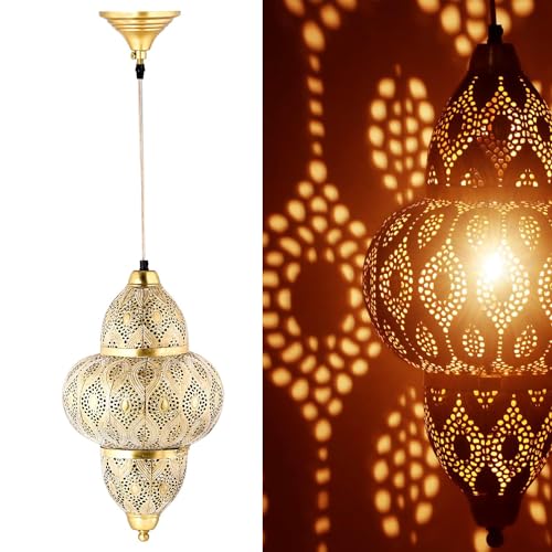 Orientalische Lampe Pendelleuchte Noumi Gold Weiss 42cm E27 Lampenfassung | Marokkanische Design Hängeleuchte Leuchte aus Marokko | Orient Lampen für Wohnzimmer Küche oder Hängend über den Esstisch