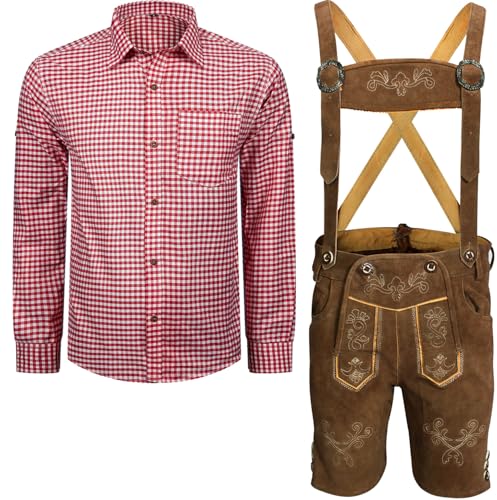 Herren Trachten Set Lederhose mit Trägern + Trachten Hemd Bayerische Oktoberfest (Hose + Hemd) BKR01 (Lederhose 48 + Hemd M)