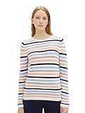 TOM TAILOR Damen Basic Strickpullover aus Bio-Baumwolle, 34798 - Peach Blue Ottoman Stripe, XS