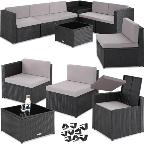 tectake 800931 Poly Rattan Sitzgruppe Lounge, frei zu gruppierende Elemente, Gartenmöbel Set mit Aufbewahrungsbox, Tisch mit Glasplatte, inkl. Sitz- und Rückenkissen (Schwarz | Nr. 404233)