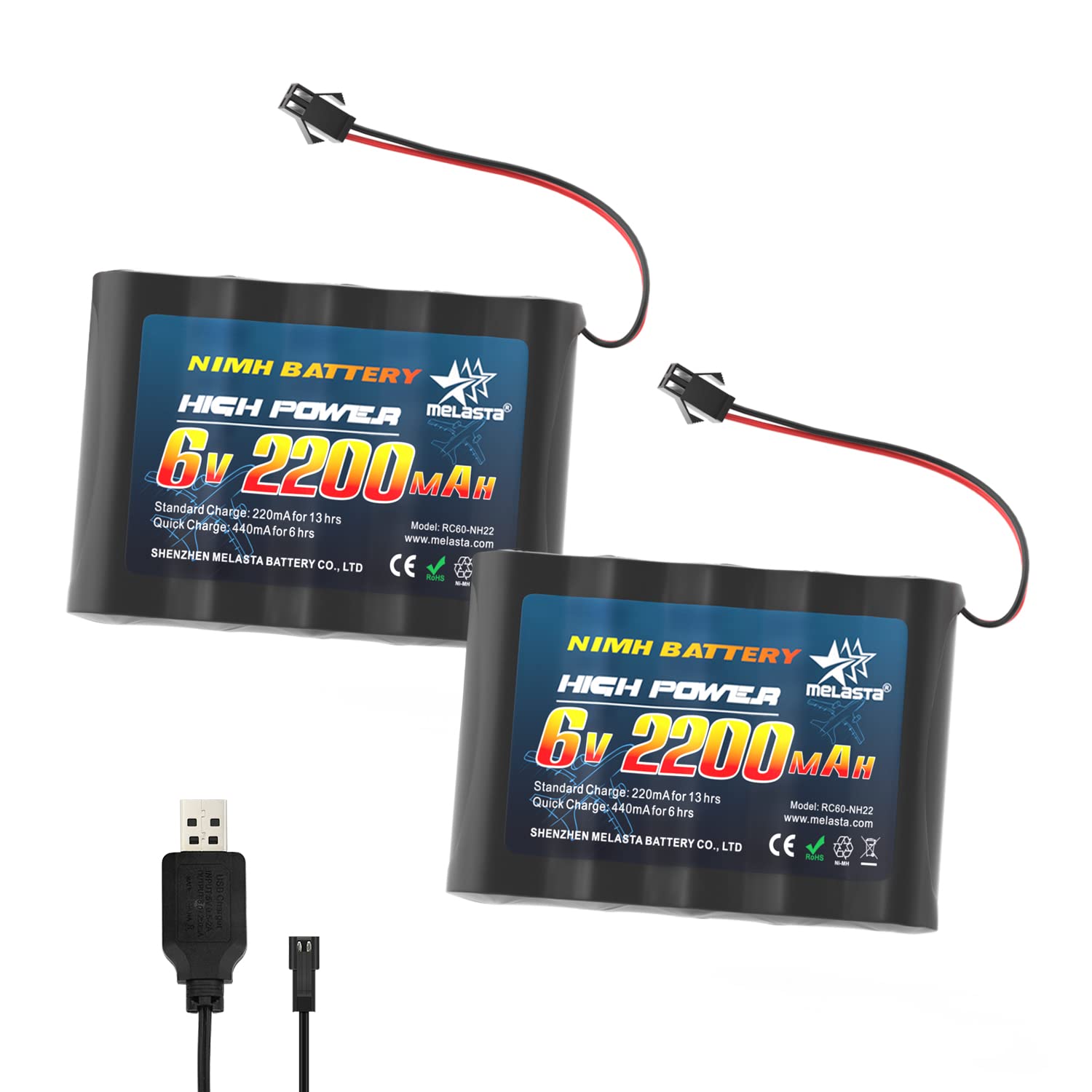 melasta 2 Stück 6V 2200mAh NiMH Akku, wiederaufladbarer AA RC Batterie mit SM-2P Stecker und USB Ladekabel für RC Truck Cars Fahrzeuge