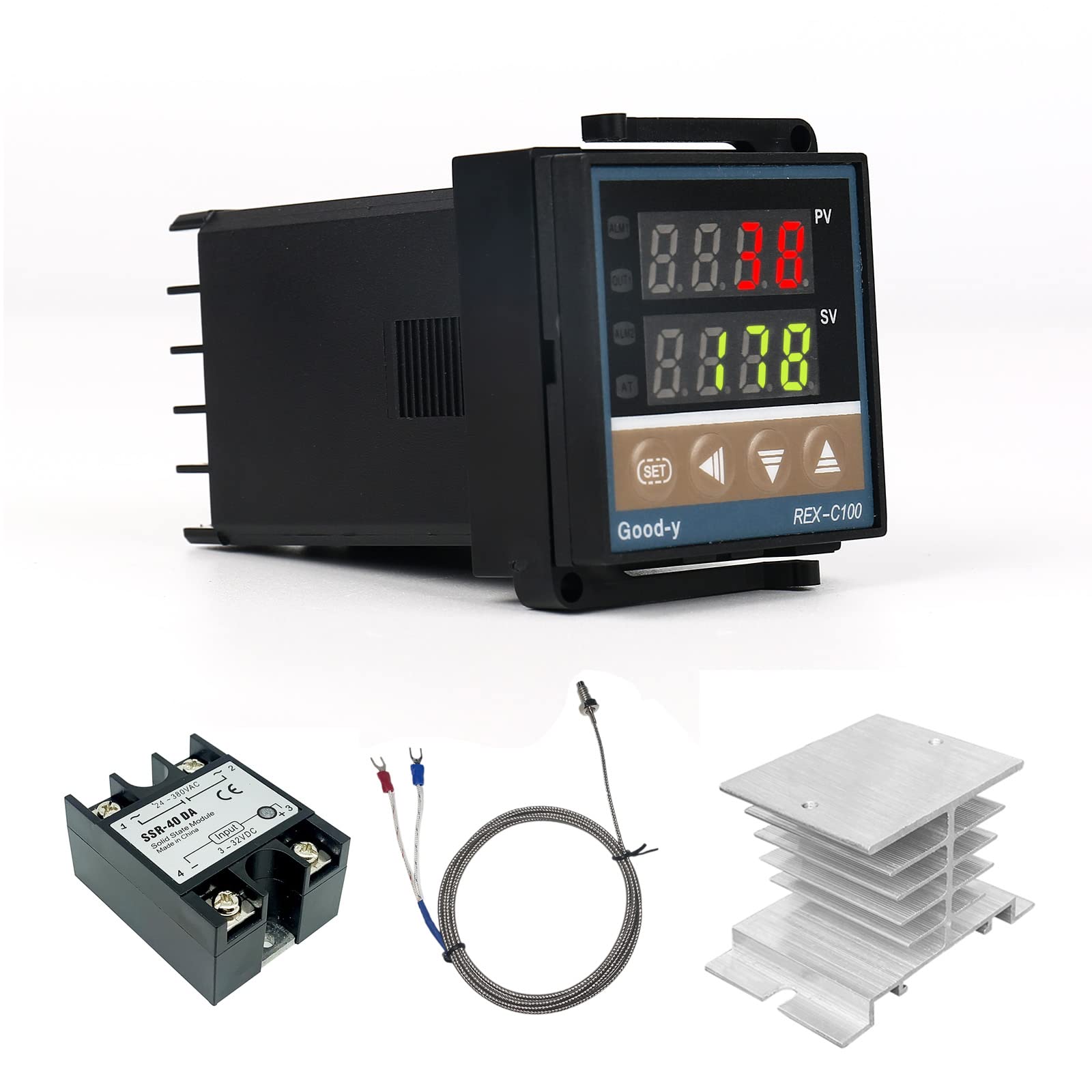 EUNEWR Digital Temperaturregler REX-C1000 ℃ ~ 1300 ℃ Digital Intelligente Thermostat LED PID Temperaturregler Kits Halbleiterrelais 40DA Temperaturfühler 1 Meter Kühlkörpertemperaturregler