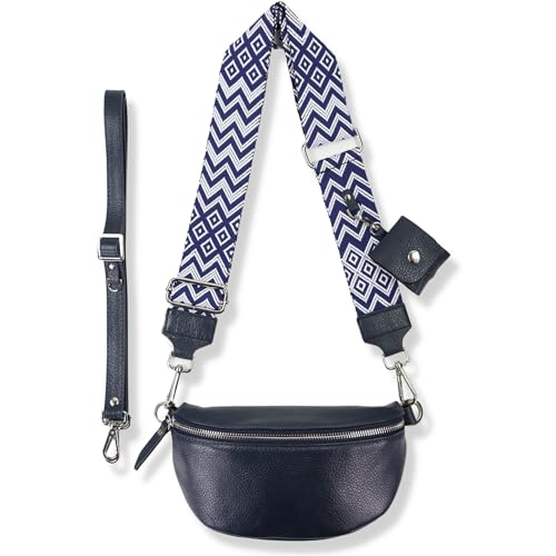 Blade Bauchtasche Damen Echtleder, stylisch Umhängetasche Damen, Crossbody Bag Damen mit 2 abnehmbaren verstellbaren Schultergurten und mit ETUI für Airpods1/2 für Frauen-Navy (Mittel/Opt-3)