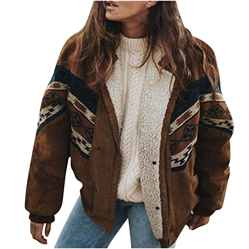 RKaixuni Damen Western Aztec Sherpa Jacken Winter Warm Mantel Casual Reißverschluss Langarm Bomberjacken Vintage Fleece Oberbekleidung, braun, 46