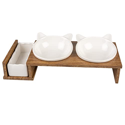 duvoplus, Set mit 3 Keramikschalen für Katzen, Modell Stony Up, Ständer aus Polywood, 3 Schalen zum Essen, Trinken und Katzenminze, spülmaschinenfest, 250 ml + 350 ml, Weiß