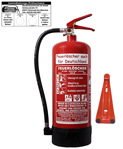 6 L Brandengel Fettbrand Schaum Feuerlöscher 34 A, 233 B, 75 F = 10 LE DIN EN3 GS Messingarmatur Sicherheitsventil Wandhalter Manometer Standfuß, Fettbrandlöscher ABF (Mit Prüfnachweis u. Jahresmarke)